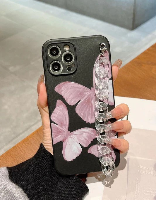 Pink Butterfly Black Background Chain Phone Case